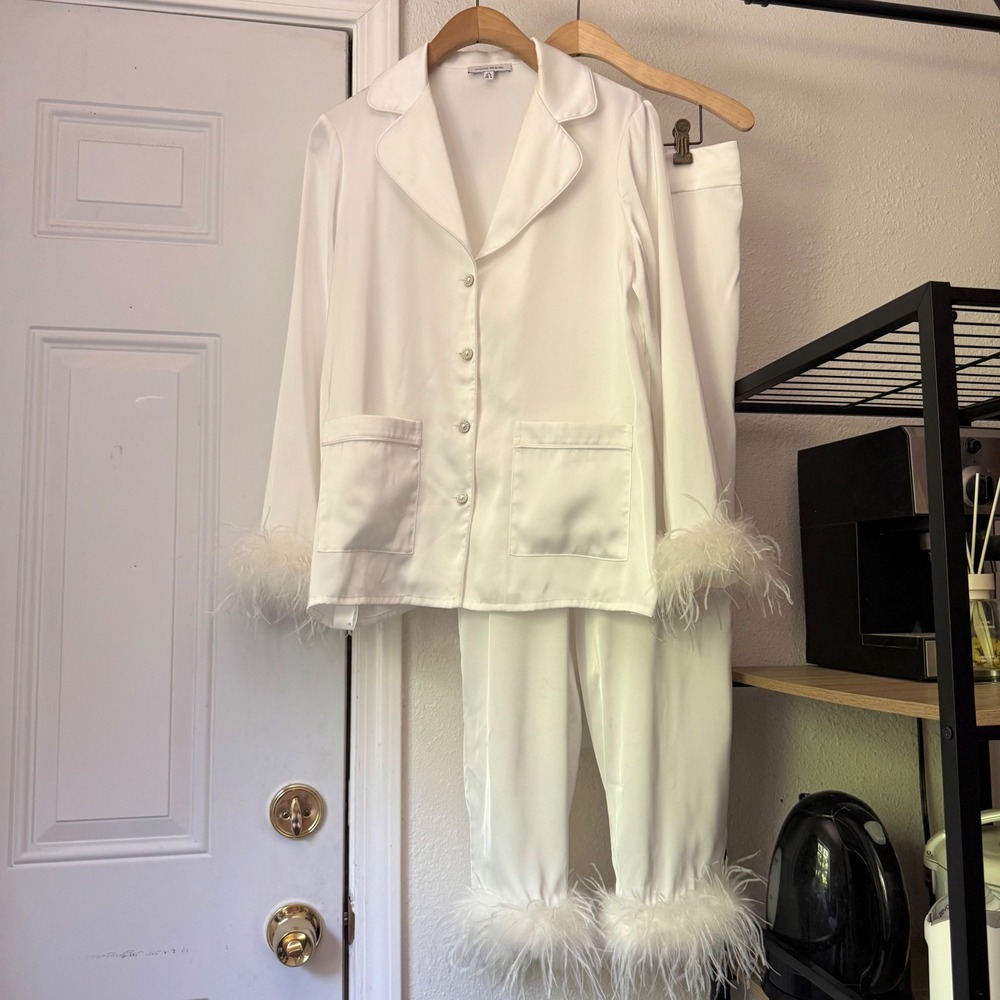 NADINE MERABI white satin feather trim long sleeve button up shirt pants set